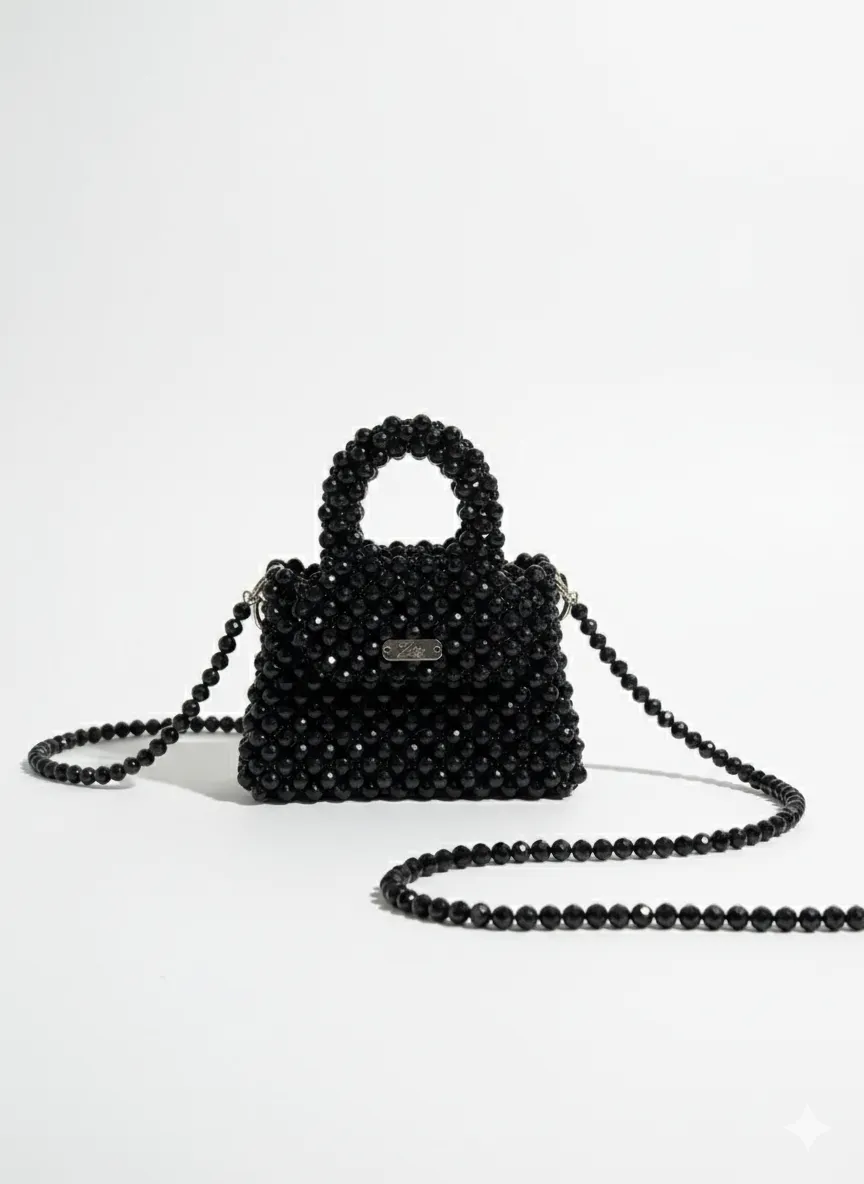 Siyah Boncuklu Mini Omuz Çantası - Özel Tasarım ve El İşçiliği