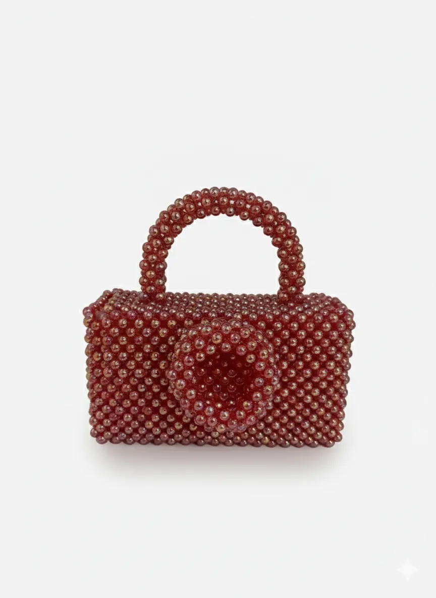 Kırmızı Kristal Boncuklu Çanta - Kendinden Saplı ve Geniş İç Hacimli