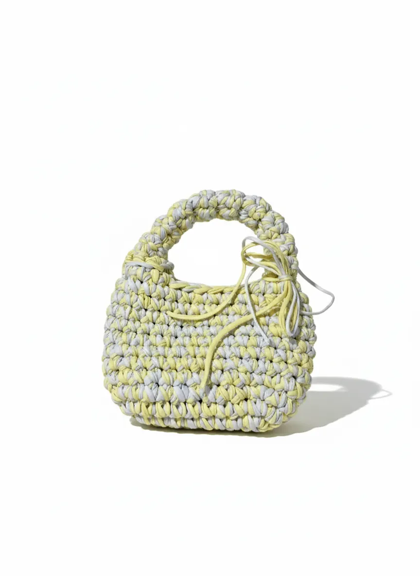 Limon Sarısı ve Açık Gri Penye İpten Örme Çanta - El Emeği