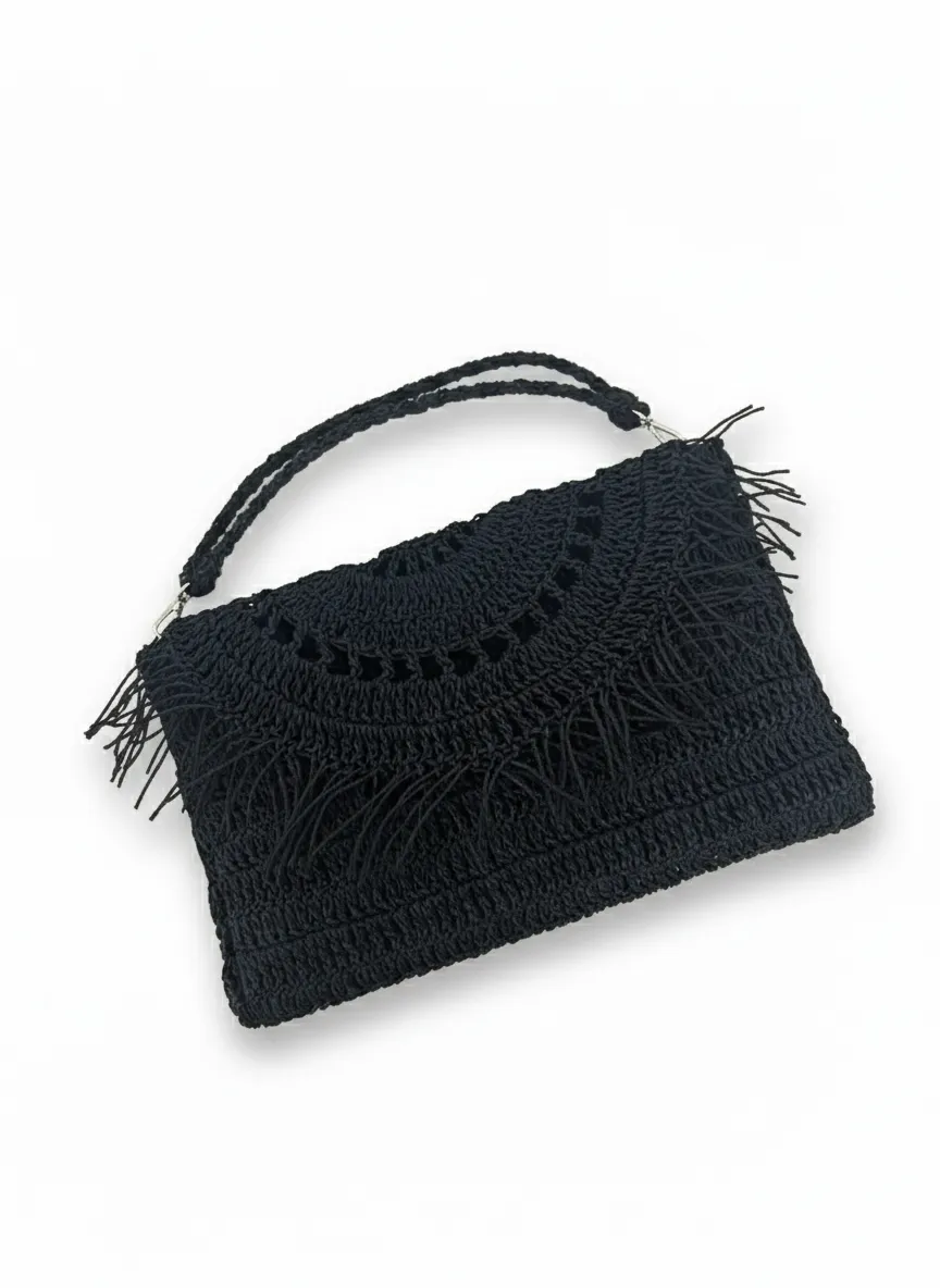 Siyah Hasır Örgü Detaylı Clutch Çanta - Astarlı ve Elde Tutma Askılı
