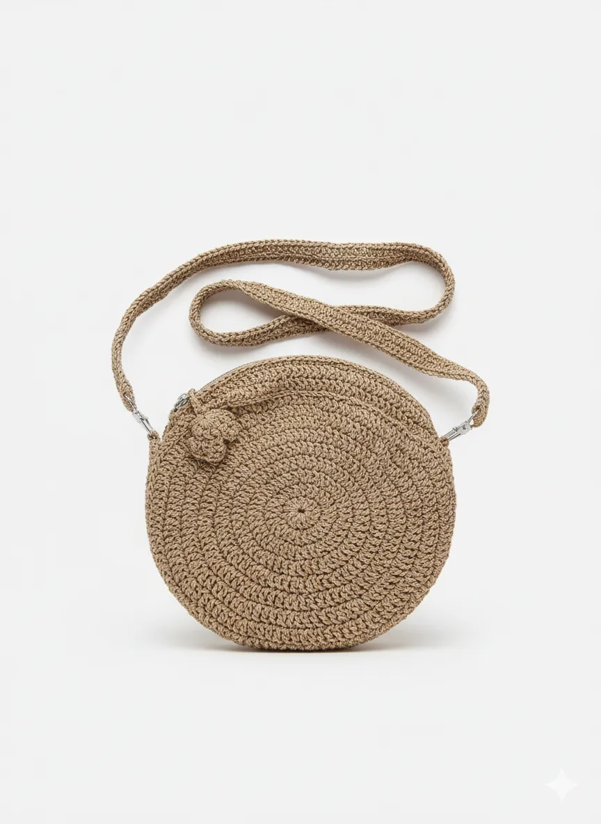 Kahverengi Tığ İşi Örme Astarlı Yuvarlak Omuz Çantası - El Emeği