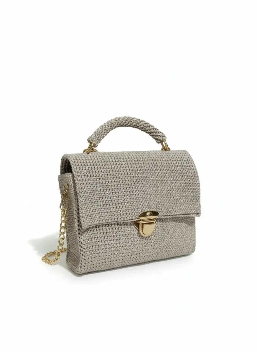 Bej Renkli Makrome Örgü Canvas Omuz Çantası - Zincir Detaylı