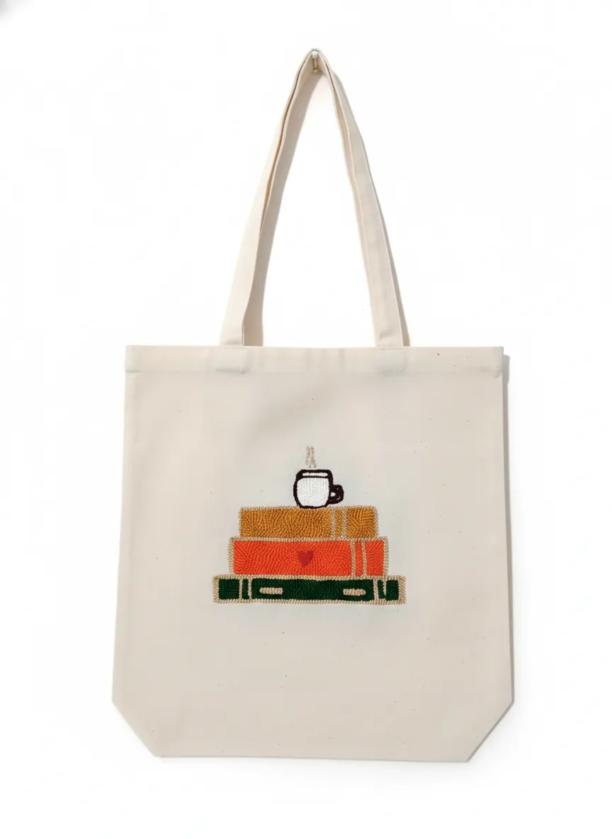 Krem Bez Çanta Üzeri Kitap ve Kahve Temalı Punch İşleme