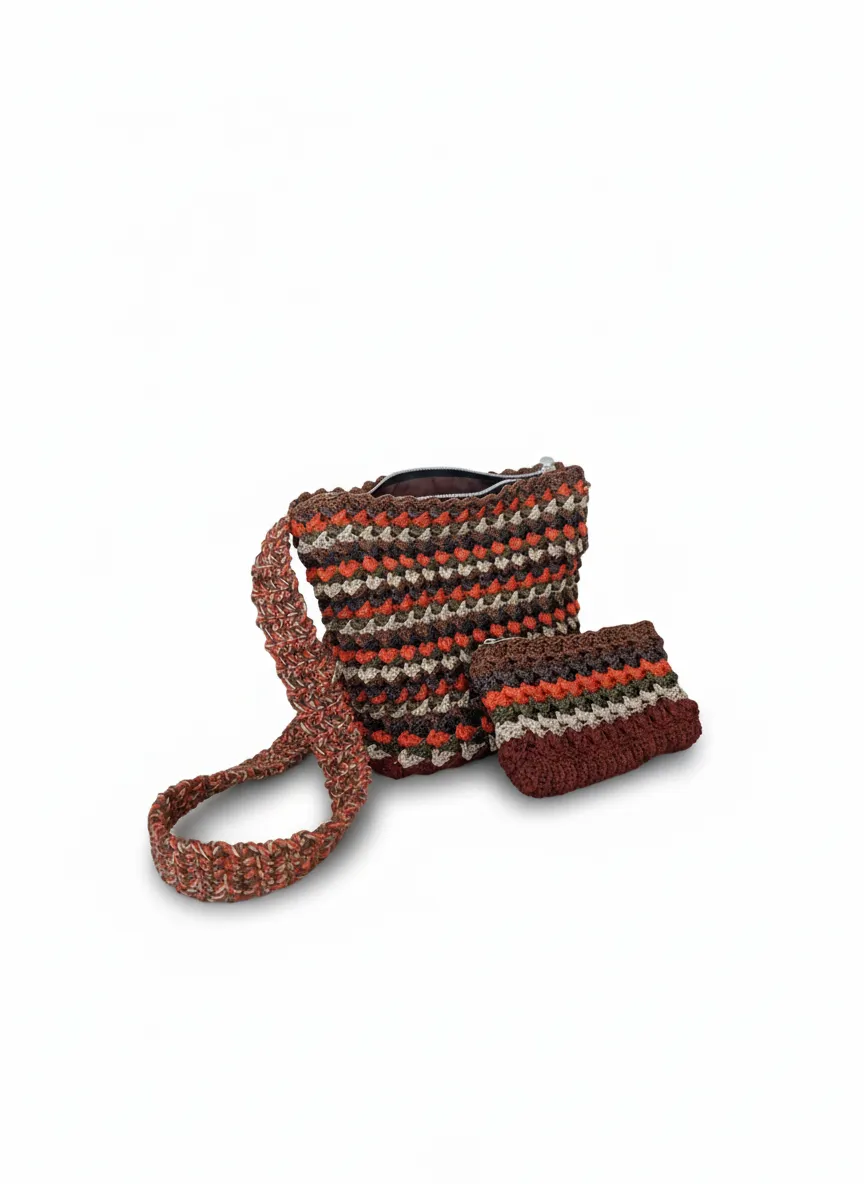 Çok Renkli Makrome Örgü Omuz Çantası ve Cüzdan Seti - Fermuarlı