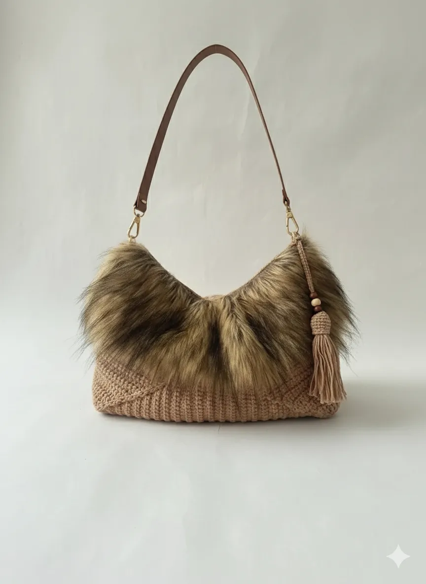 Kahverengi Kürklü Omuz Çantası - Koton İp ve Deri Saplı