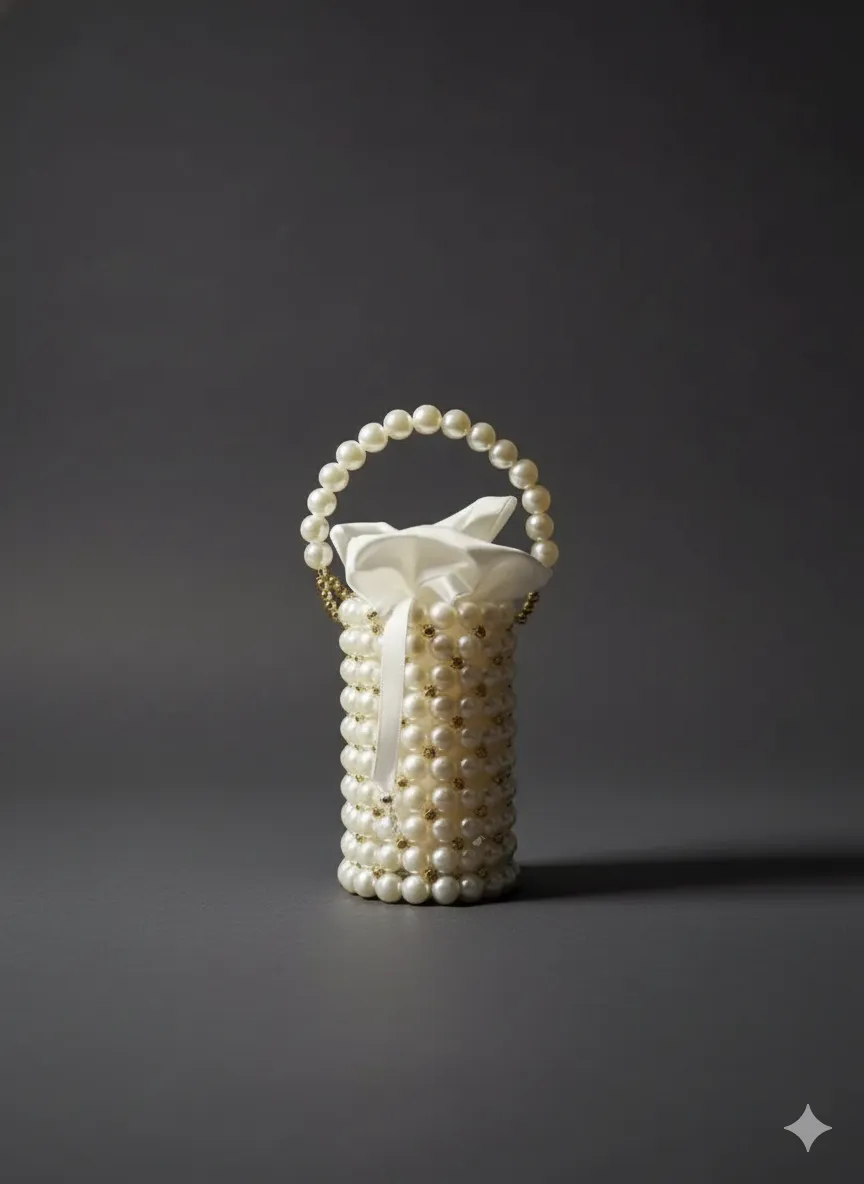 Beyaz İnci Boncuklu Büzgülü Çanta - El Emeği Tasarım