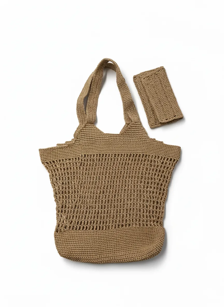 Kahverengi Örgü Omuz Çantası ve Cüzdan Seti - El Emeği