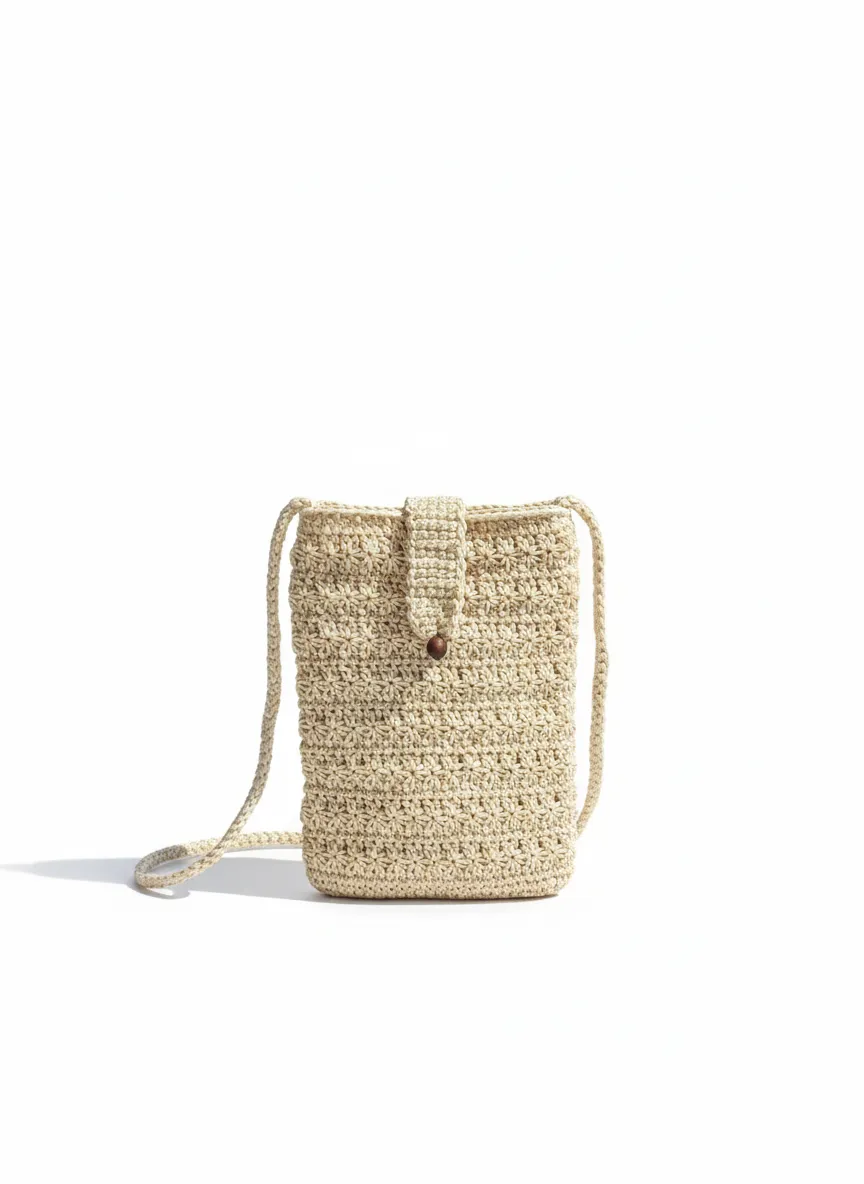 Krem Renkli Kağıt İp Örgü Omuz Çantası - El Yapımı