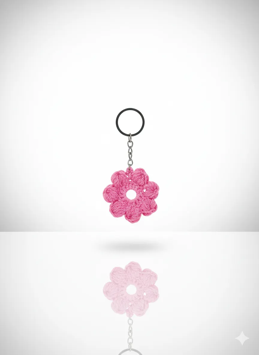 El Yapımı Pembe Çiçek Anahtarlık – Örgü Aksesuar & Hediyelik Anahtarlık