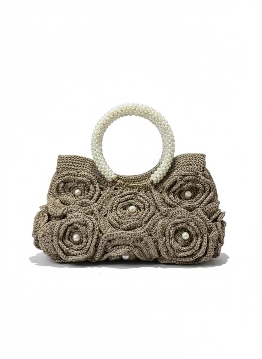 Kahverengi Örgü Boncuk Detaylı Çanta - Yuvarlak İnci Saplı El Emeği