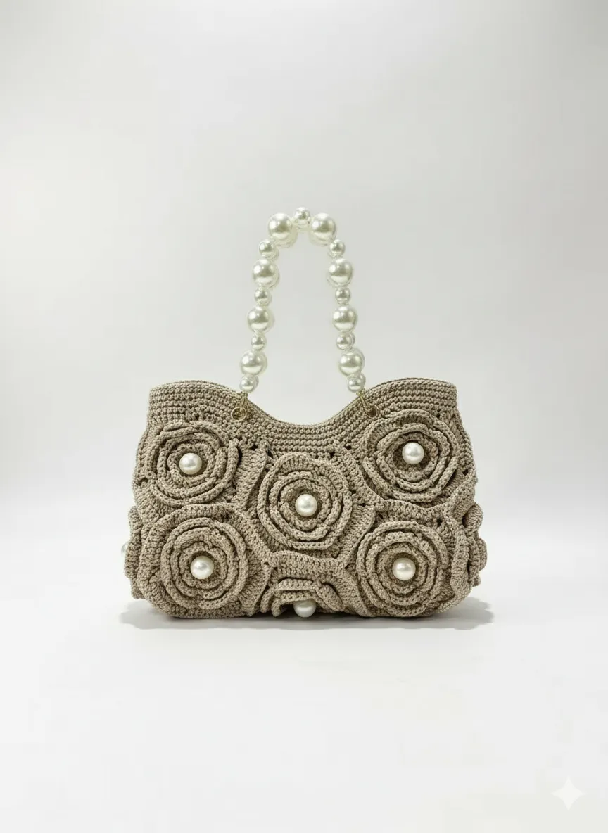Bej Renkli İnci Detaylı Örgü Çanta - Şık Tasarım