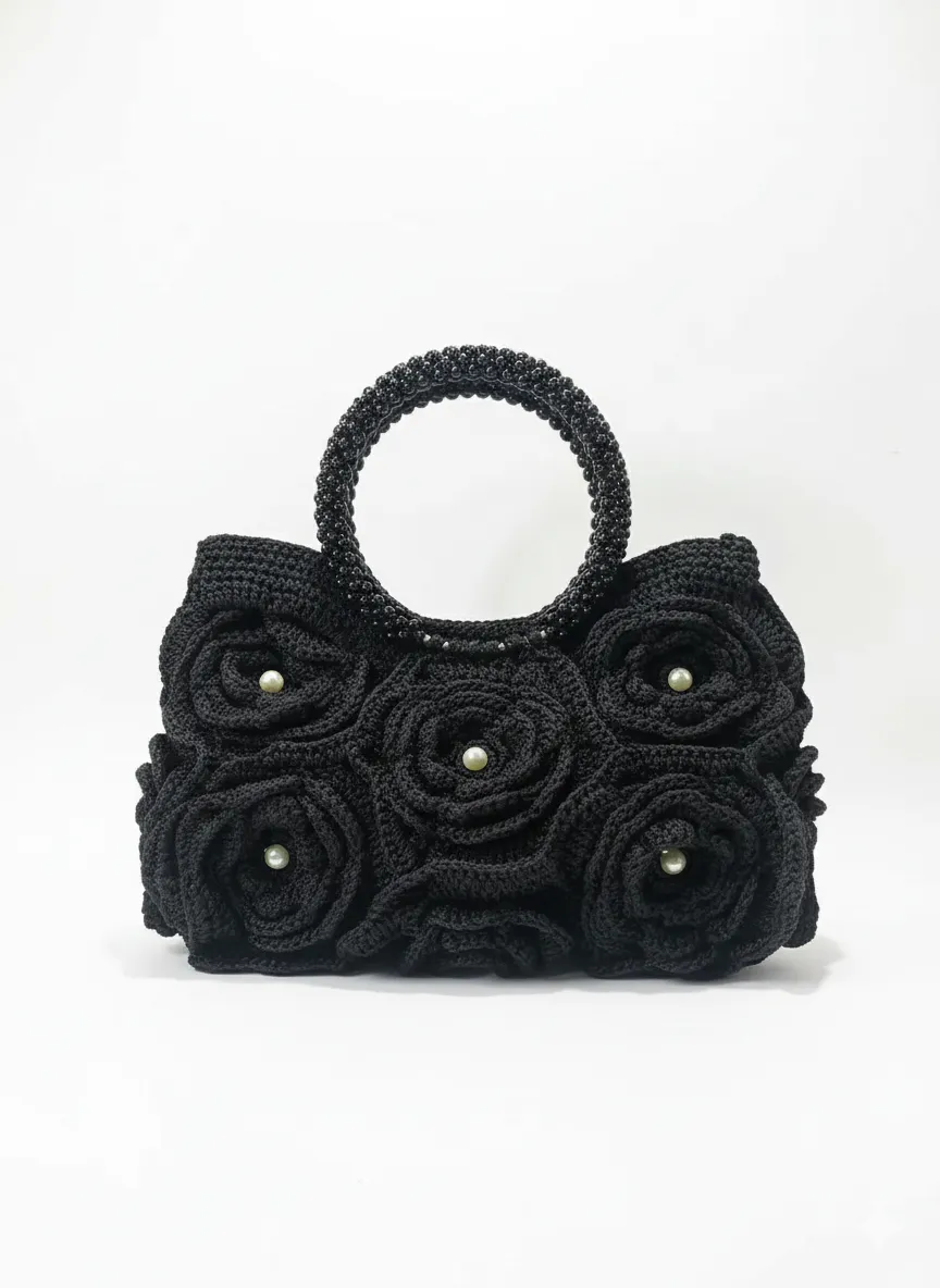 Siyah Makrome Örgü Çanta - İnci Detaylı, Boncuklu Saplı, El Emeği