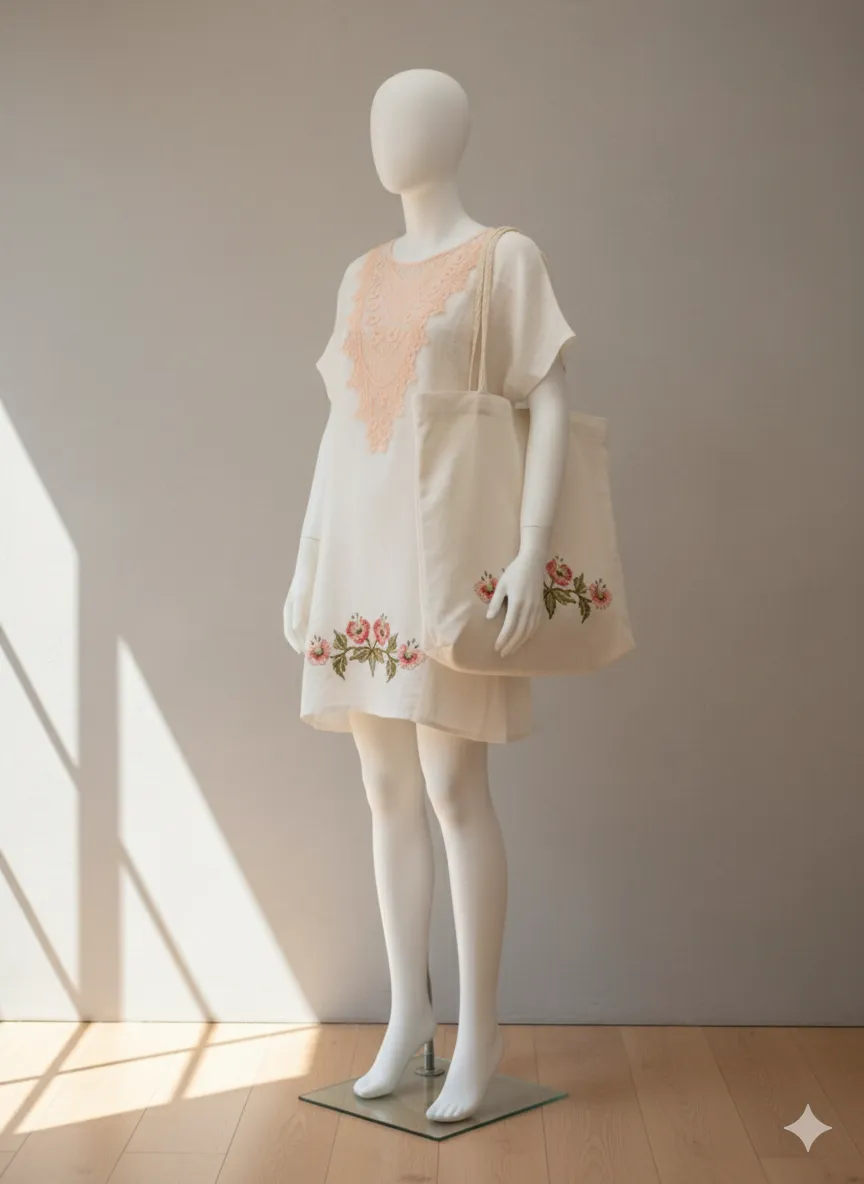 Önü İşlemeli Dokuma Kumaş Çanta Elbise Takım