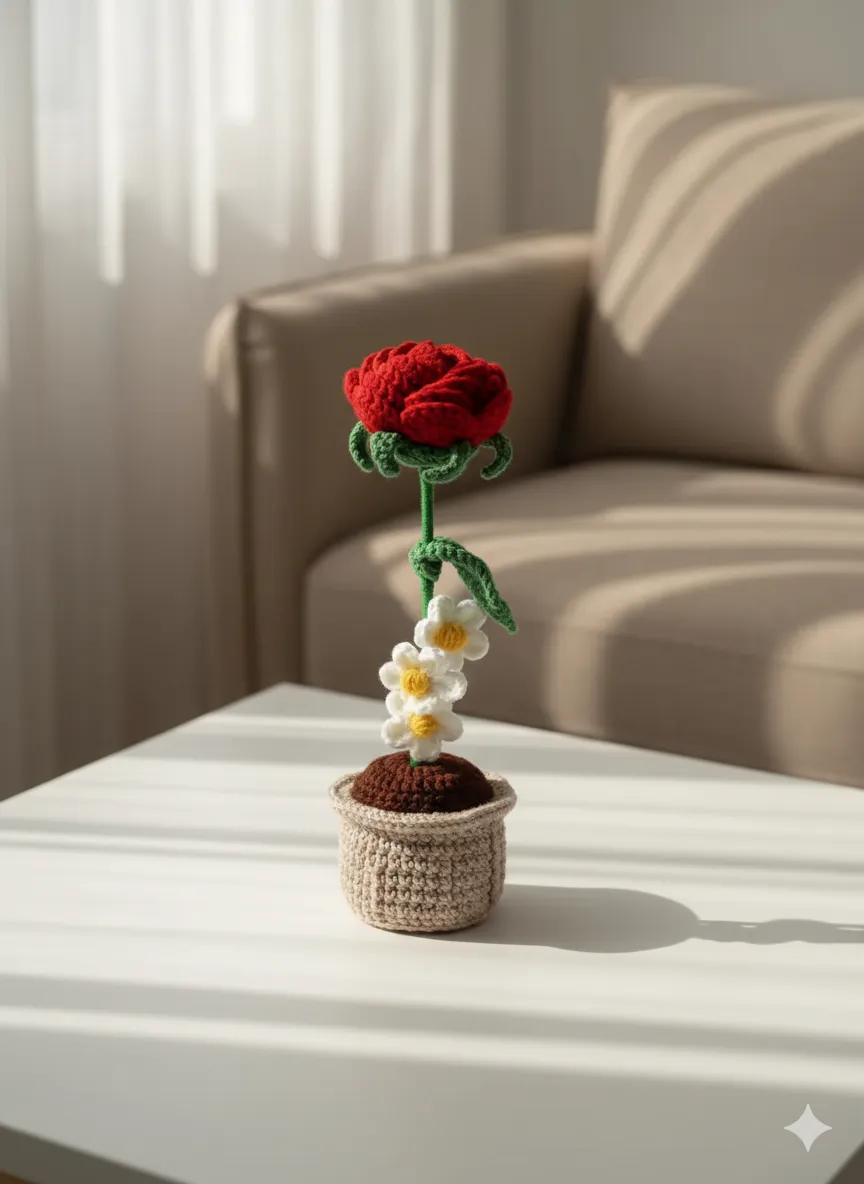 Kırmızı Gül ve Papatyalı Örgü Saksı - Dekoratif El Emeği