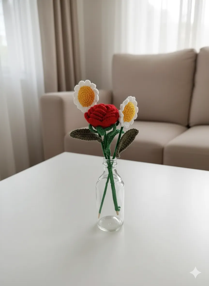 Örgü Gül ve Papatya Buketi - Cam Vazoda El Yapımı Dekoratif Çiçek