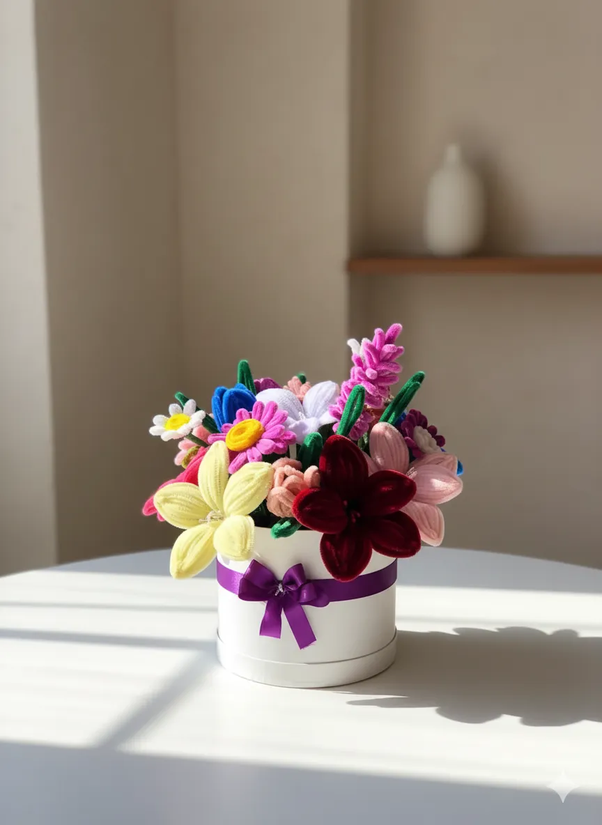 Şönil Tel Buketi - Çok Renkli Dekoratif Çiçek Aranjmanı - El Emeği