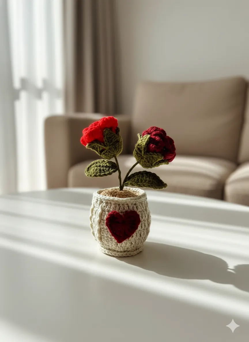 Kırmızı Bordo Gül El Örgüsü Saksı - Öğretmenler Günü Hediyesi