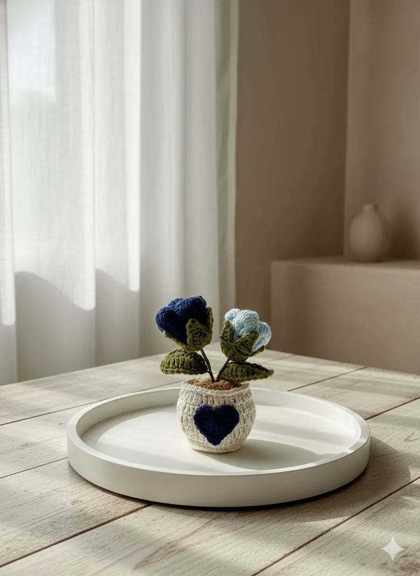 Kırmızı Bordo Gül El Örgüsü Saksı - Öğretmenler Günü Hediyesi