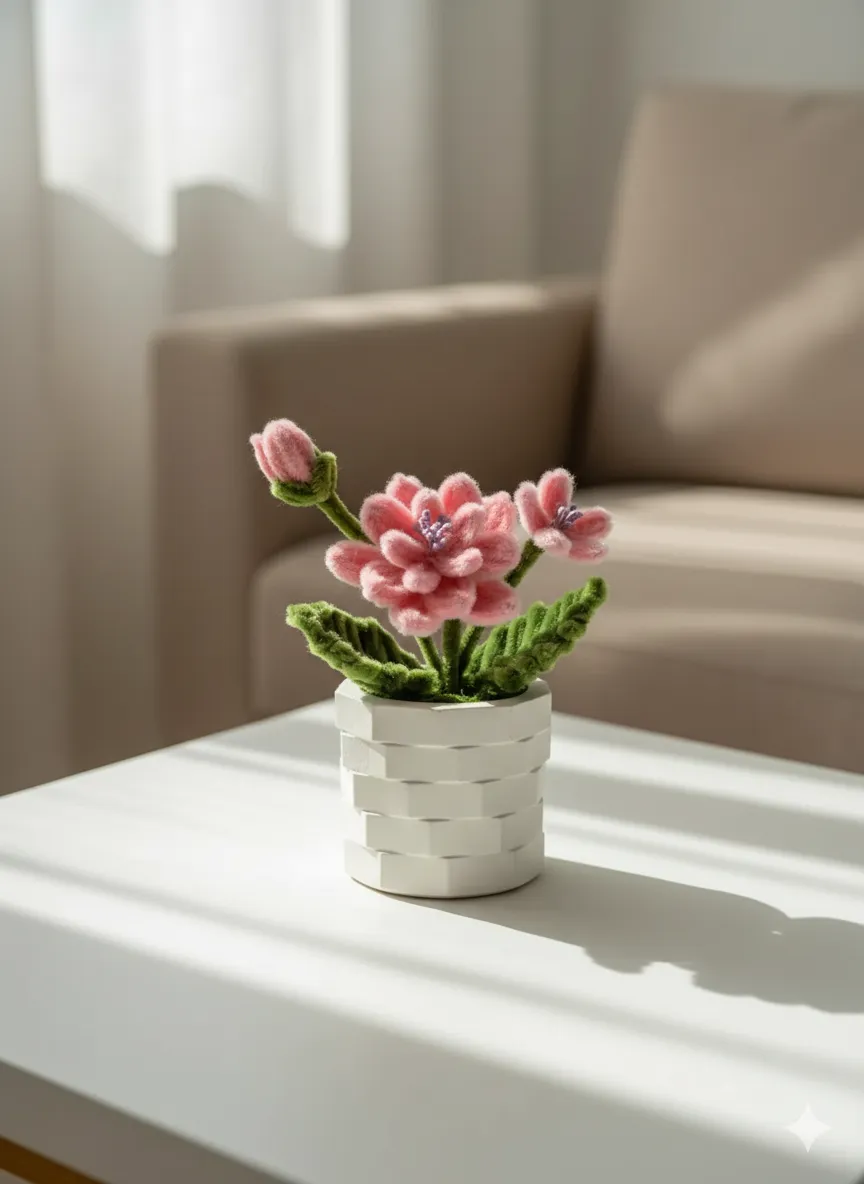 Pembe Şakayık Şönil Çiçek ve Beyaz Saksı - El Emeği Dekoratif