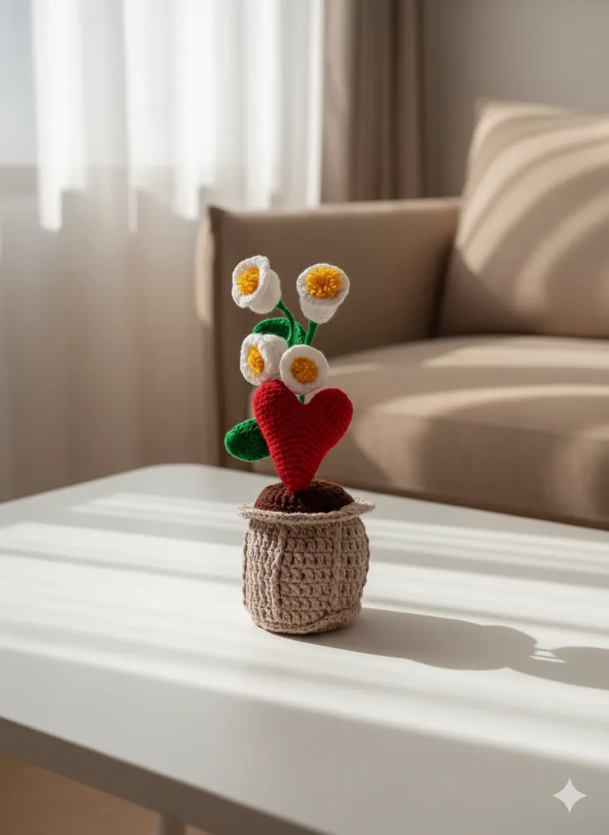 Örgü Saksıda Kalp ve Beyaz Çiçekler - El Emeği Dekoratif Obje