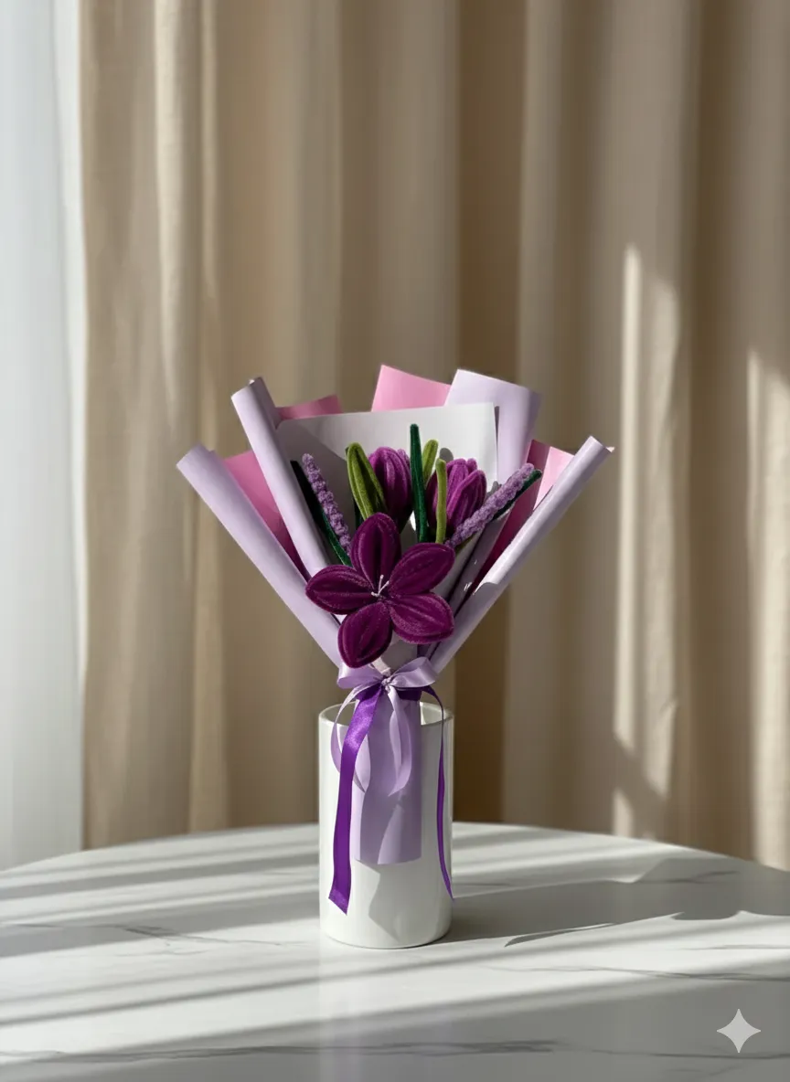 Mor ve Lila Şönil Buket Çiçek Aranjmanı - El Yapımı Hediye