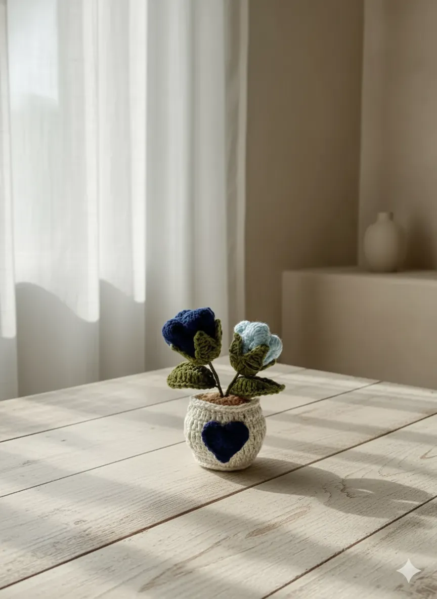 Örgü Gül Saksı Mavi Lacivert Kalp Desenli - Öğretmenler Günü Hediyesi