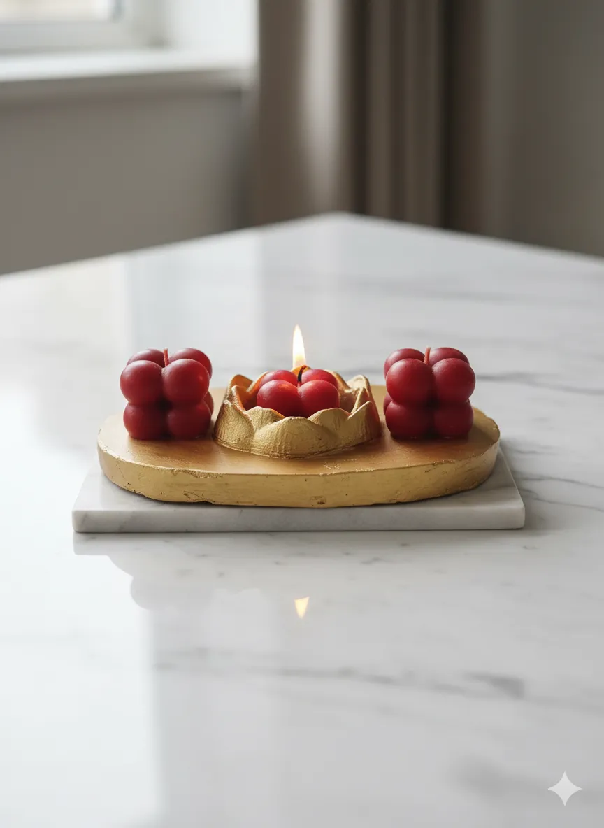 El Yapımı Taş Tozu Mumluk Seti - 3 Adet Kokulu Üzüm Mumlu Dekoratif Gold Renk