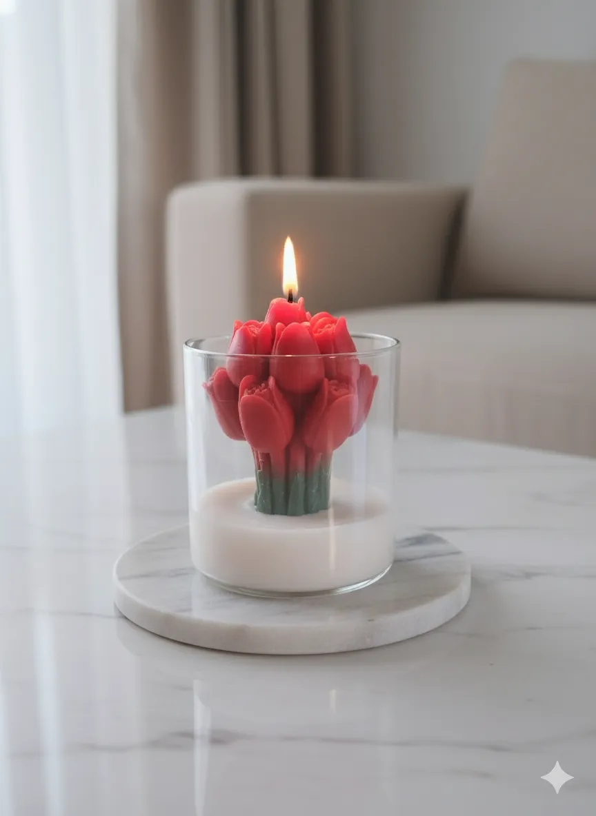 Cam Bardakta Kırmızı Lale Buketi Tasarımlı Soya Wax Mum - Limon Esanslı