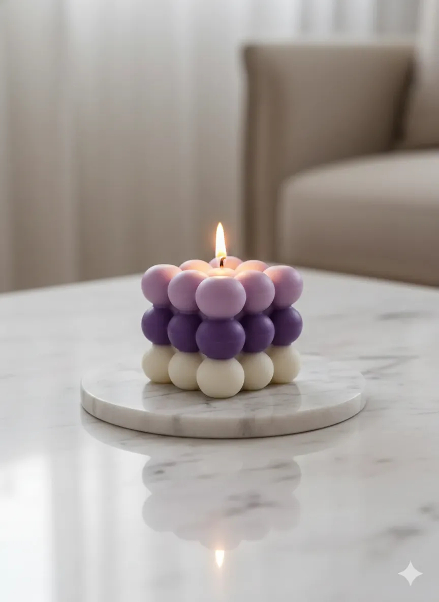 Üç Katmanlı Mor ve Beyaz Dekoratif Kare Küp Bubble Mum