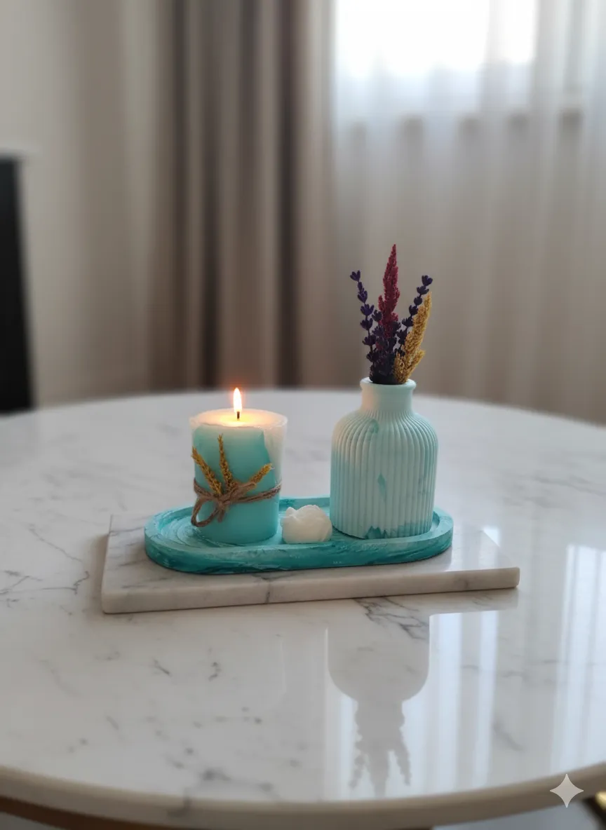 Turkuaz Mumluklu Vazo ve Tealight Mum Seti - Şık Dekoratif Hediyelik