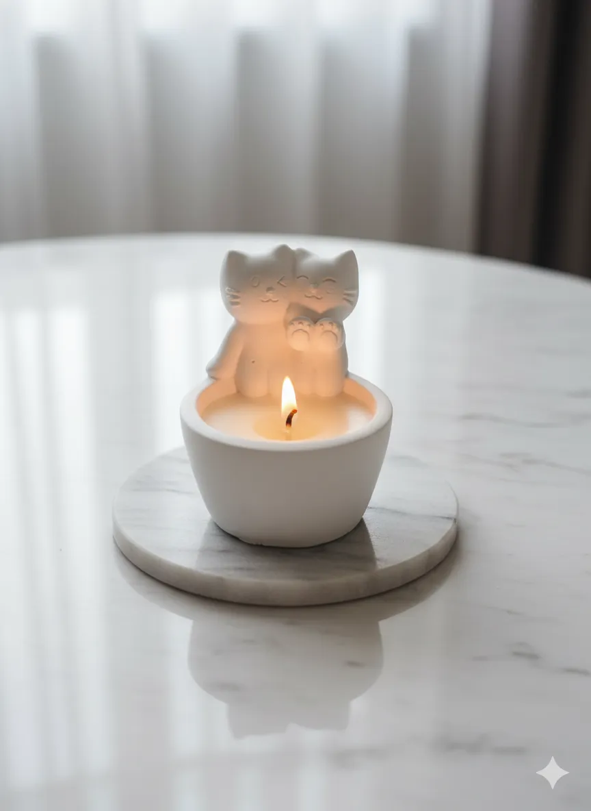 Beyaz Seramik Yavru Kedili Mumluk - Sevimli Kedi Figürlü Dekoratif