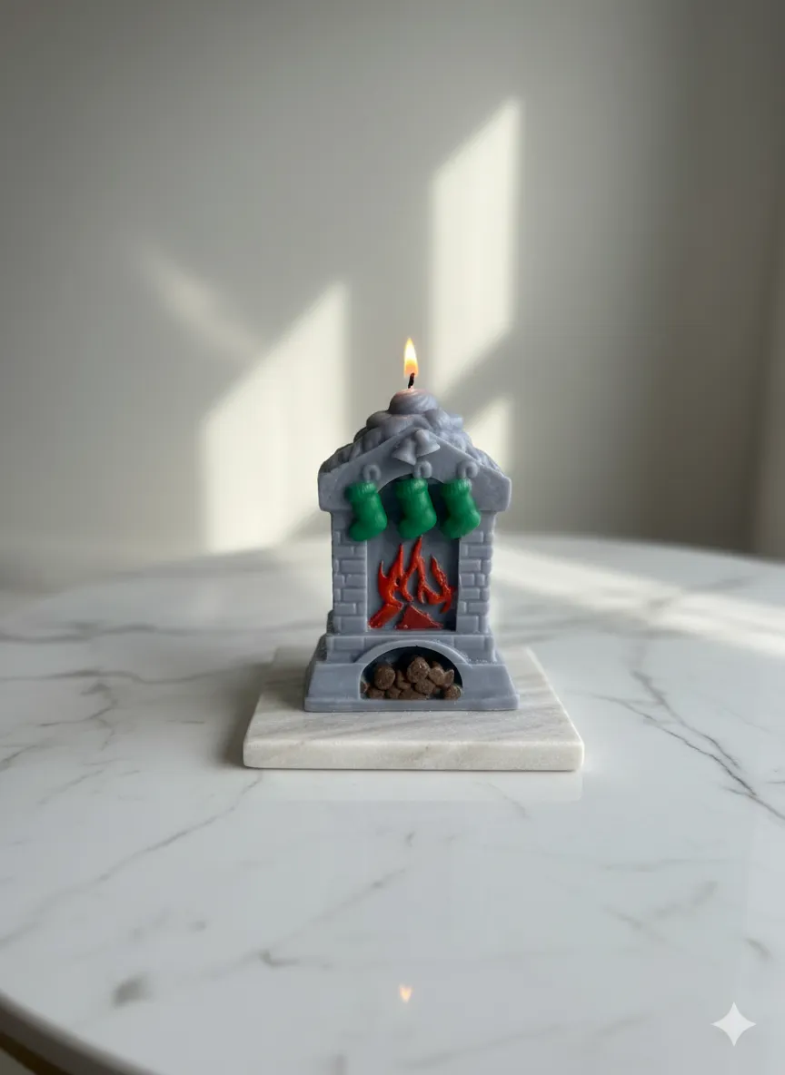 Yılbaşı Şömine Figürlü Mum | Noel Çoraplı Mini Şömine Dekoratif Mum