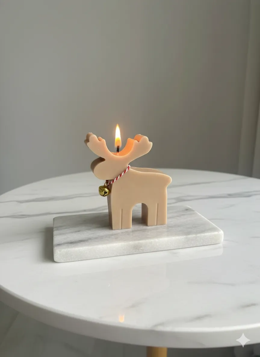 Yeni Yıl Geyik Figürlü Mum | Boynuzlu Çanlı Noel Dekoratif Mum