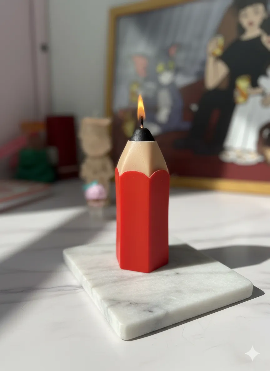 Kalem Şeklinde Dekoratif Mum - Kırmızı Renkli, Hediyelik Eşya