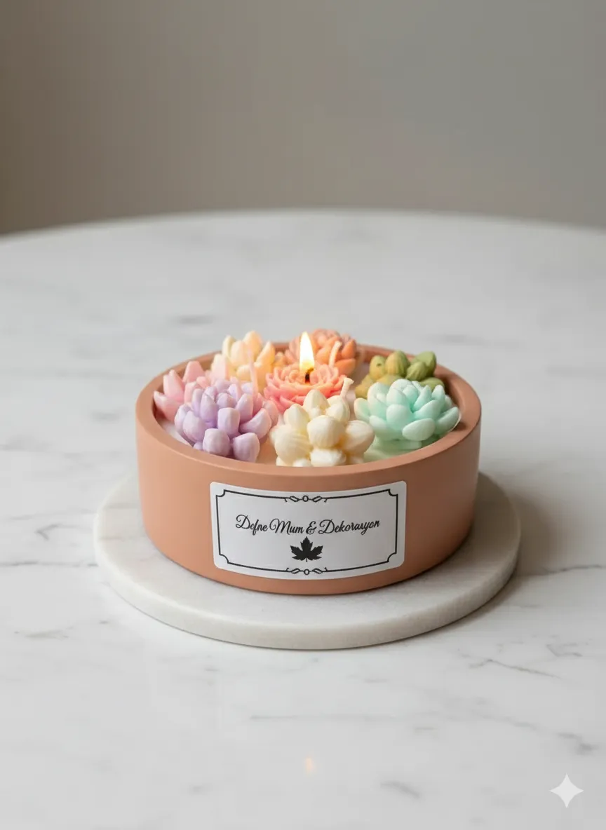 Pastel Renkli Sukulent Bahçesi Mum - Çiçek Bahçesi Kokulu