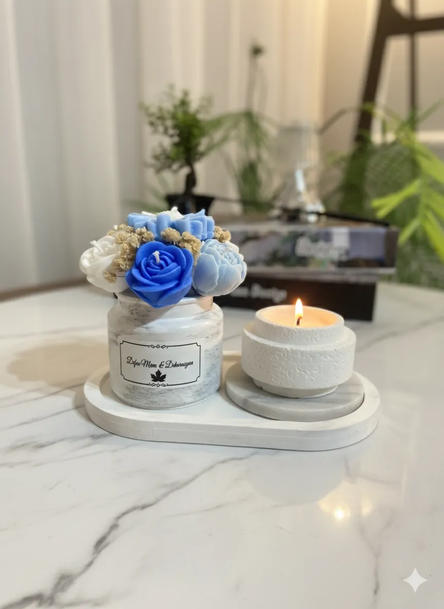 Marble Look 3-Piece Candle Set – Everlasting Flower Scented Arrangement & Decorative Candle