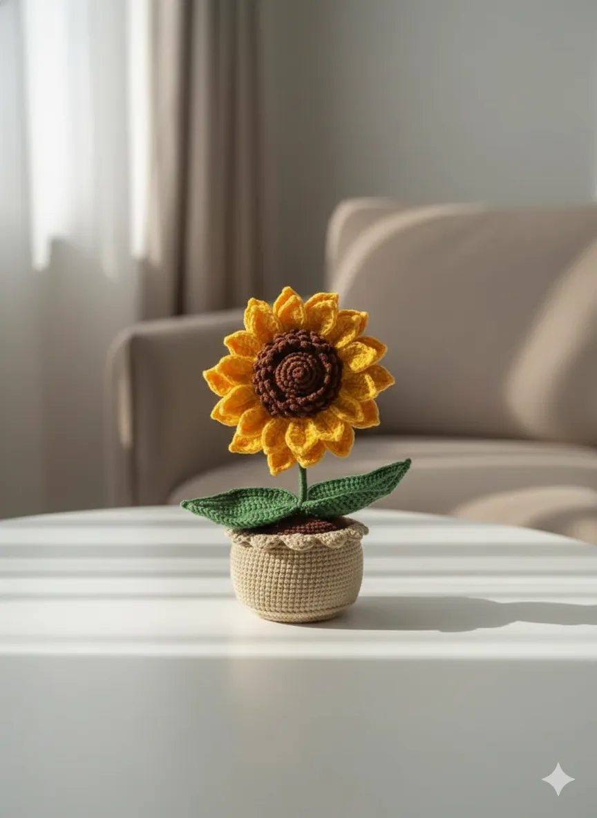 Yellow Knitted Sunflower in Pot Decorative Flower - Handmade