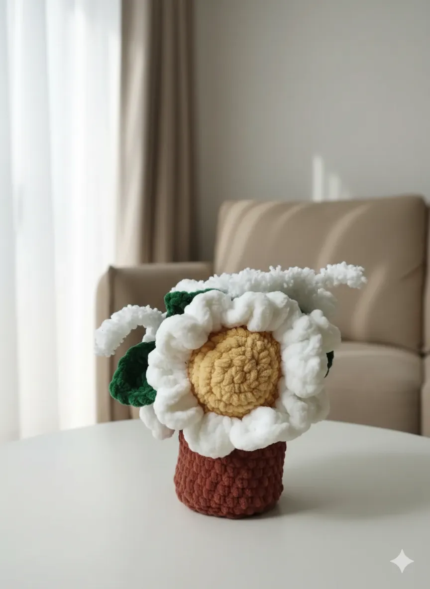 Kadife İpten Örülmüş Saksıda Papatya - 20 cm Boyunda El Emeği