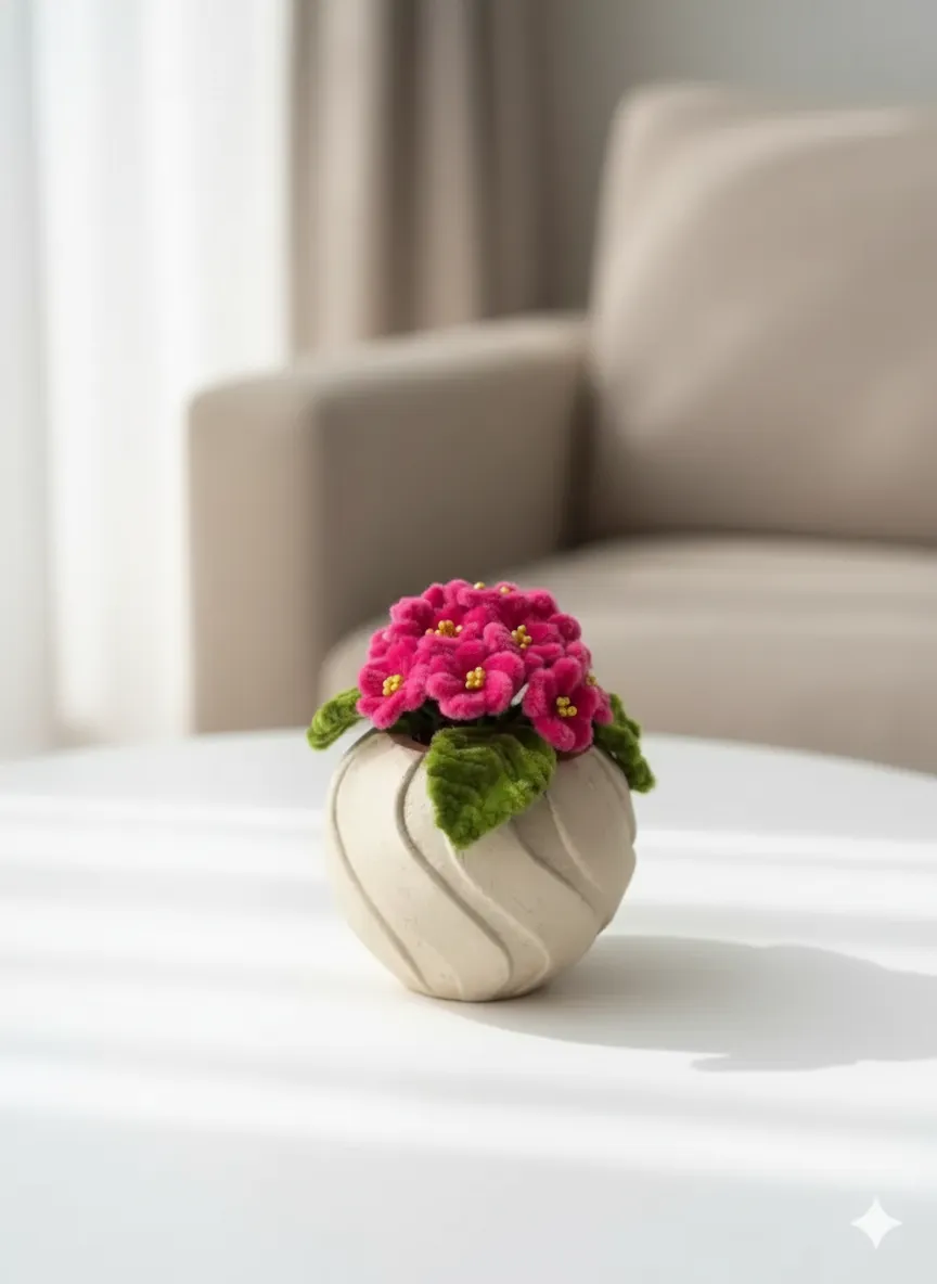 Fulya Rengi Şönil Menekşe Saksı - El Emeği Dekoratif Çiçek