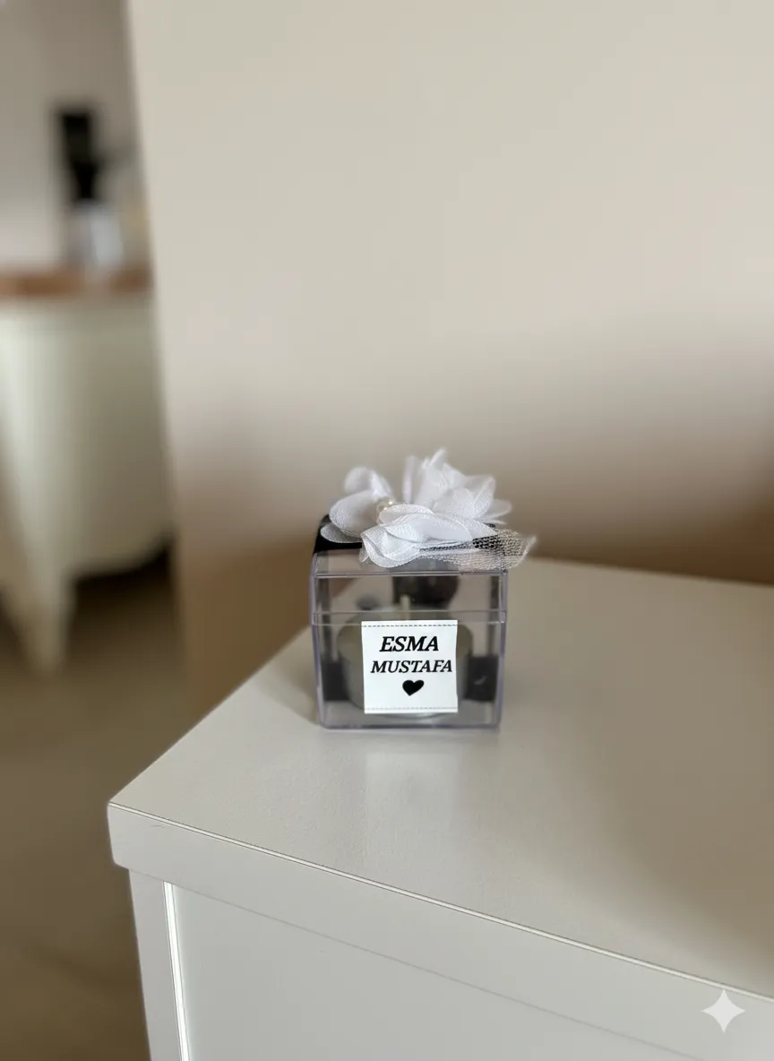 💍 Kişiselleştirilmiş Mika Kutuda Söz/Nişan/Nikah Mumu (20 Adet) | Tül ve İnci Detaylı