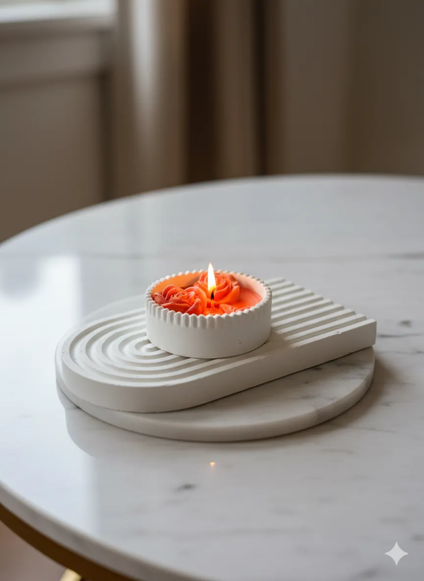 Turuncu Renkli Dekoratif Kase Mum - El Yapımı Gül ve Yıldız Detaylı