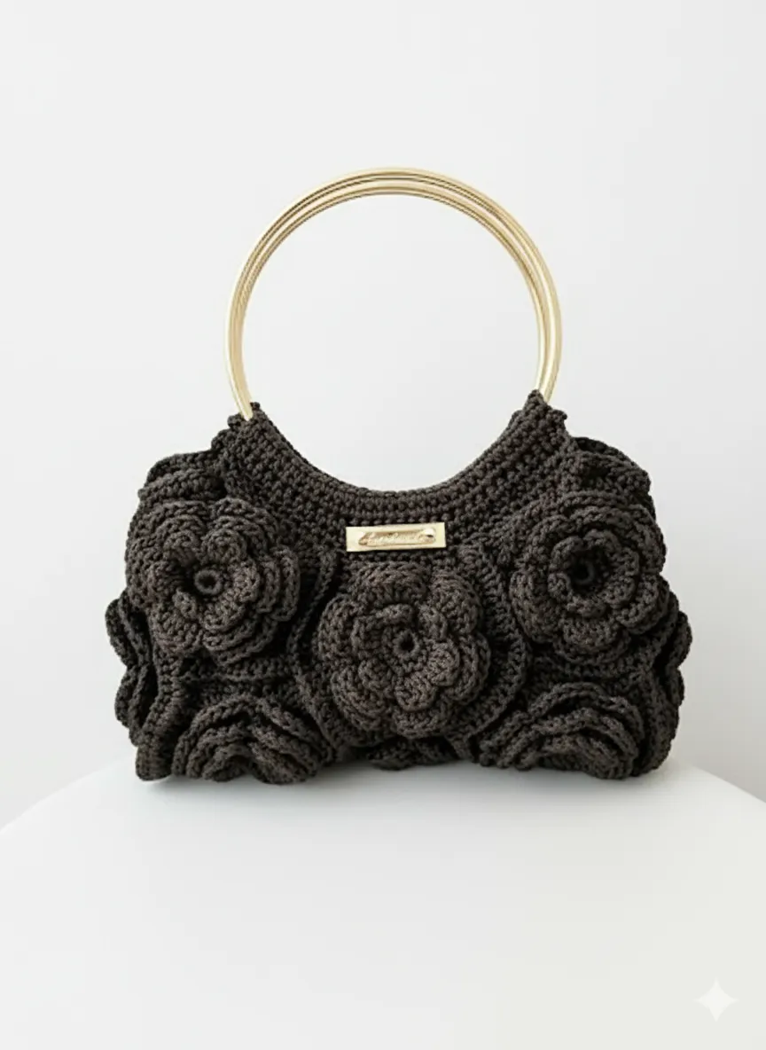 Makrome Gül Motifli Çanta - Kahverengi, Yuvarlak Metal Saplı