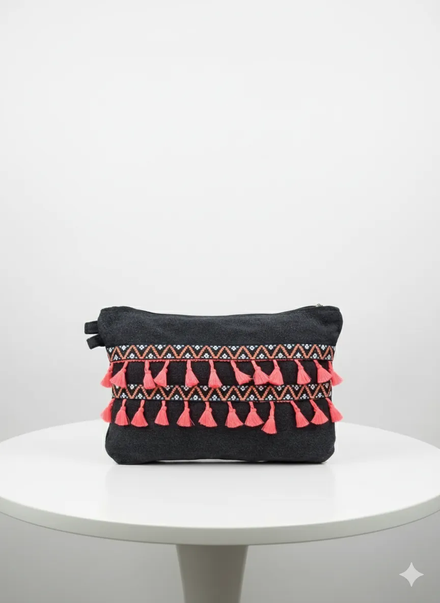 Bohem Tarzı Fermuarlı Siyah Kot Kumaş Clutch (Turuncu Püsküllü)