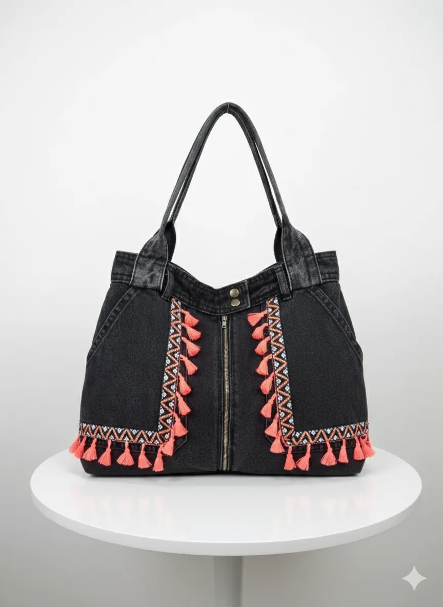 Özel Tasarım Fermuar Detaylı Siyah Kot Çanta