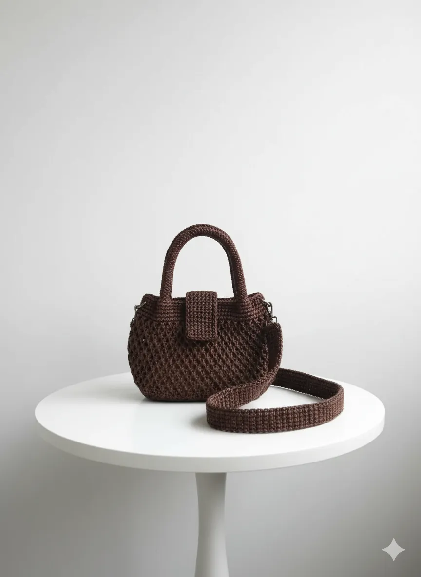 Makrome Örgü Kol Çantası - Petek Desenli, Simli Kahverengi