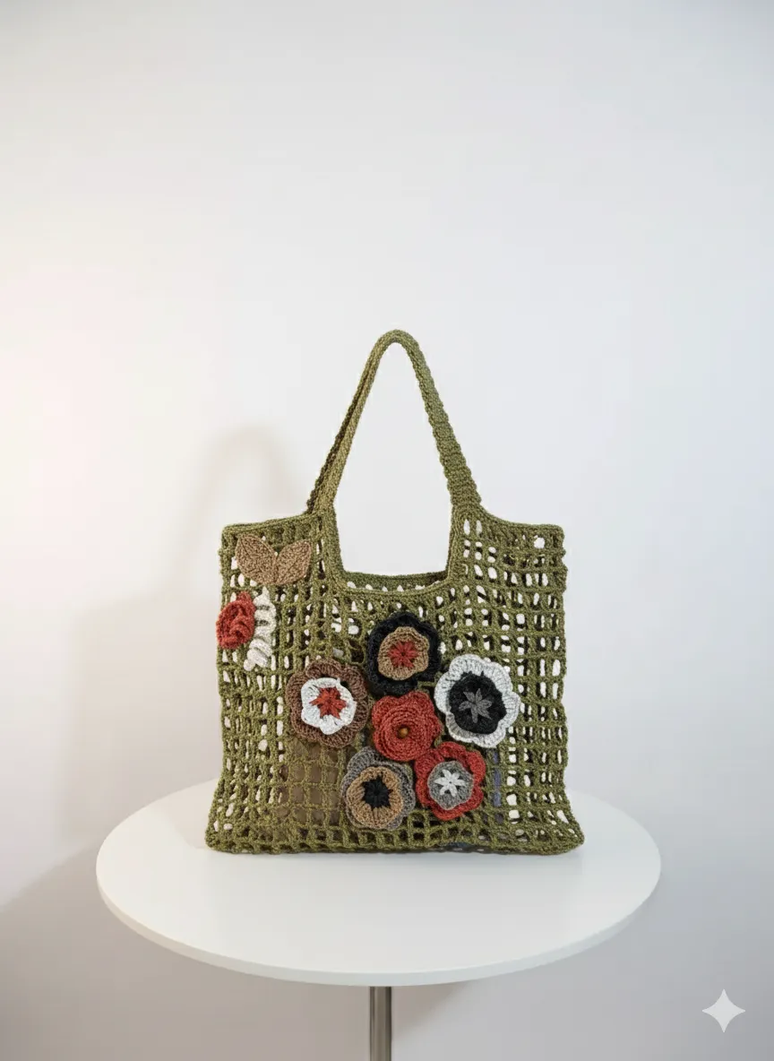 Yeşil Örgü File Çanta - Çiçek Detaylı, El Yapımı Alışveriş Çantası