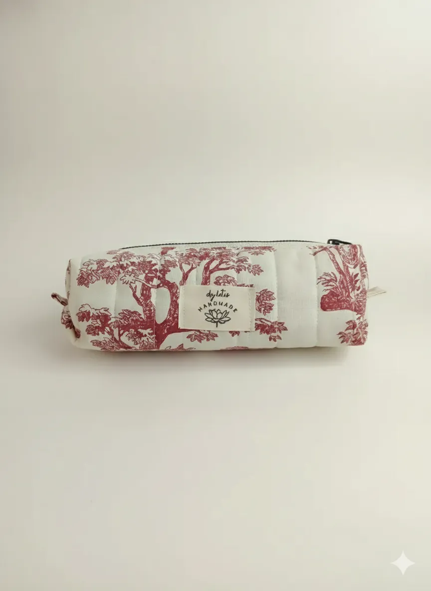 Kırmızı Vintage Desenli Poplin Kalemlik, Makyaj Çantası - El Üretimi
