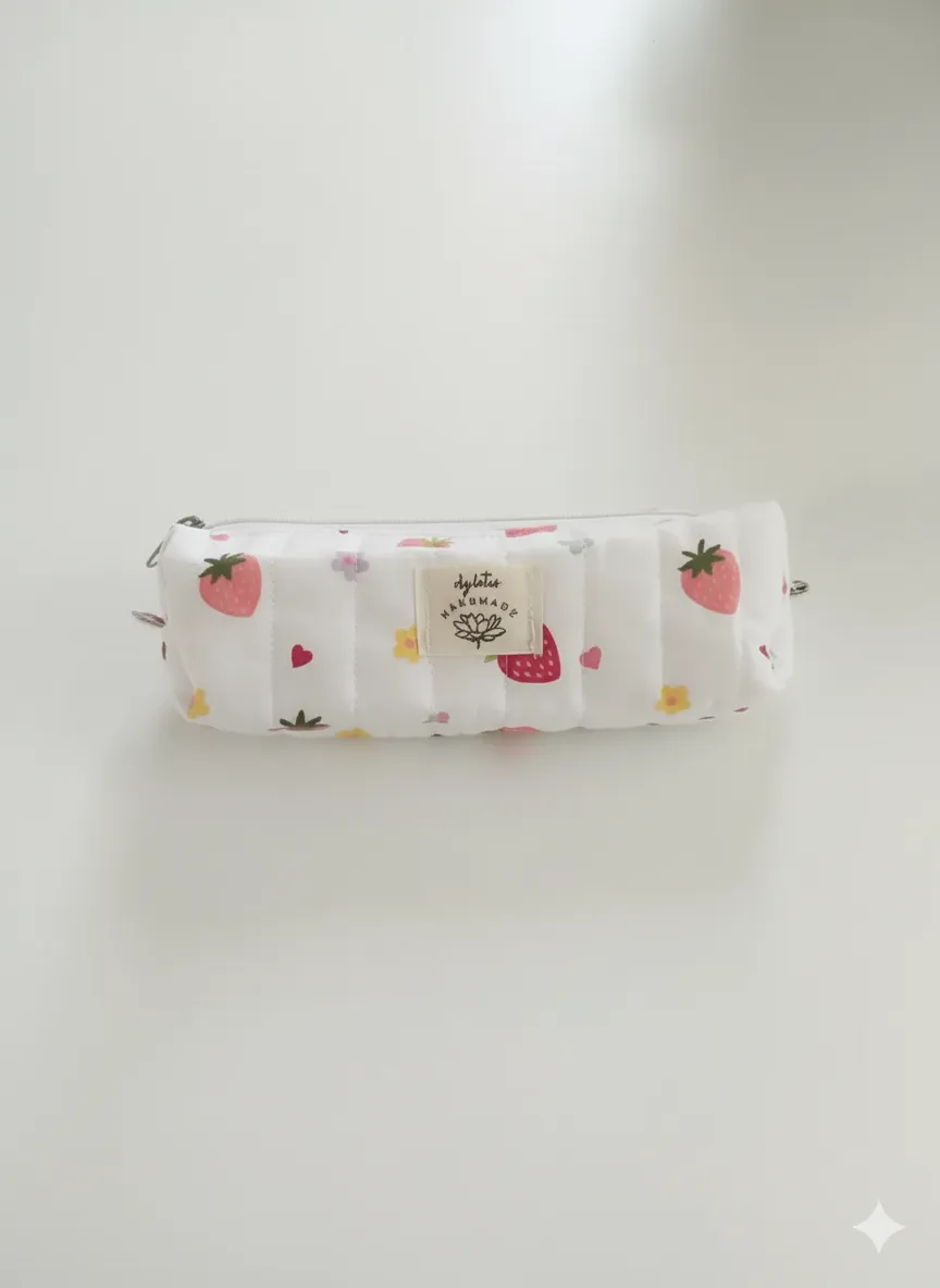 Çilek Desenli Çok Amaçlı Poplin Kumaş Kalemlik/Fırça Düzenleyici