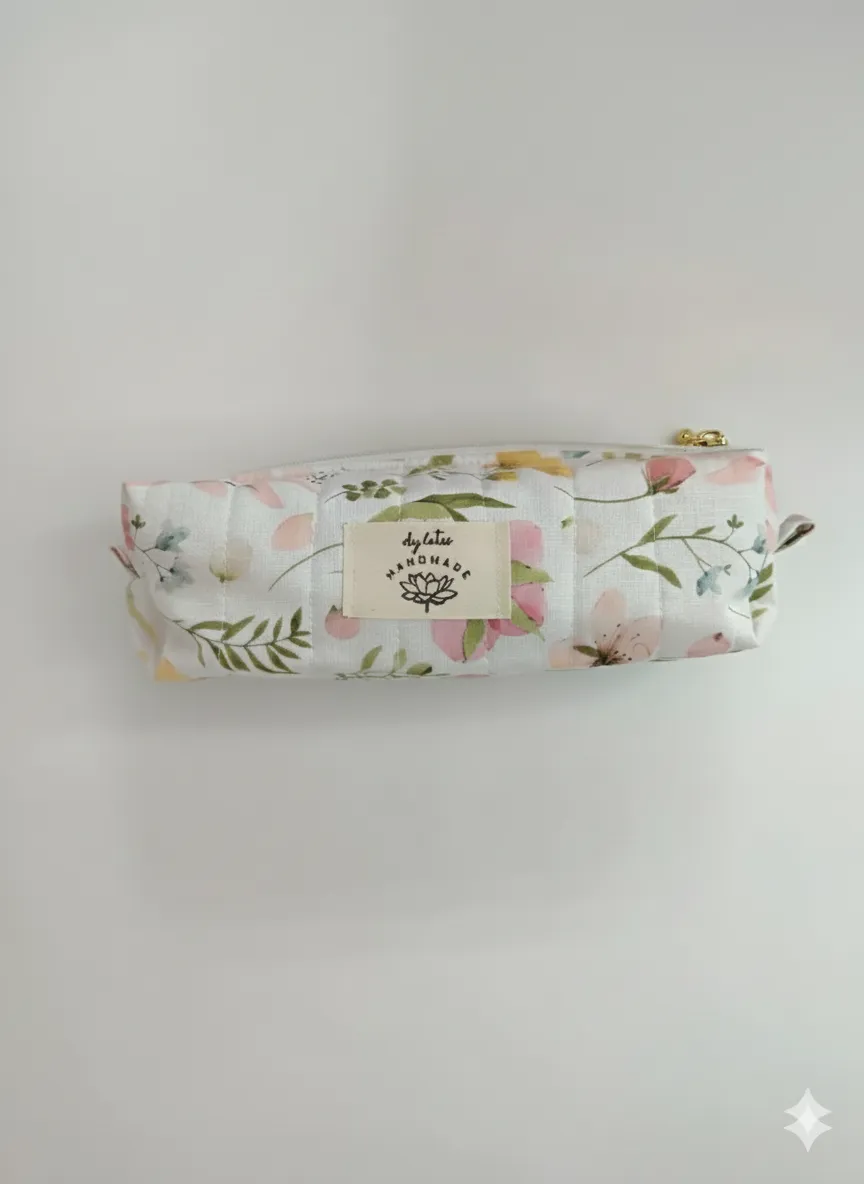 Pembe Çiçek Desenli Çok Amaçlı Kapitone Kalemlik/Fırça Cüzdanı