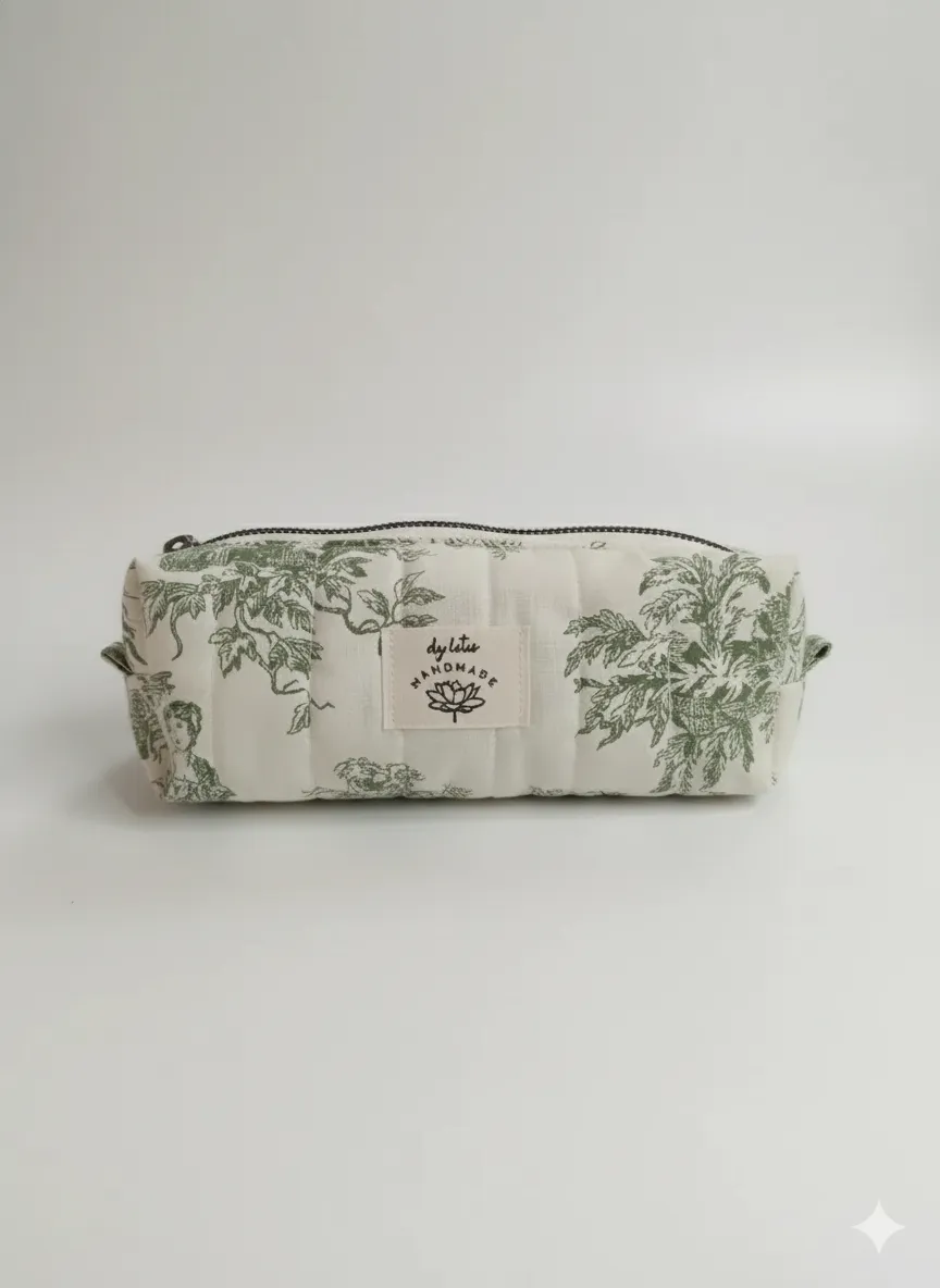 Yeşil Desenli Vintage Kapitone Kalemlik/Fırça Cüzdanı - El Yapımı